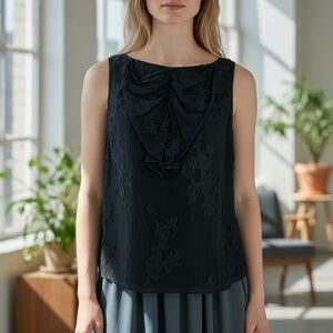 Tibi Black Sleeveless Blouse Ruffle Floral Appliqué Detail Size 6